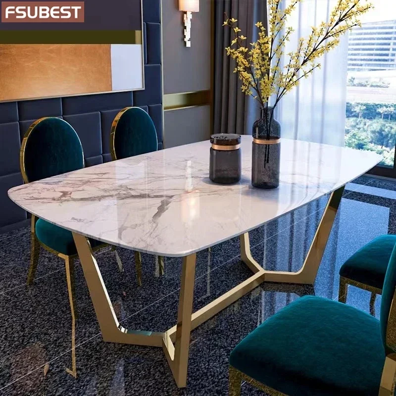 

Luxury Marble Dining Room Table Set 6 Chairs Mesa De Jantar Comedor A Manger Sillas Tavolo Pranzo Stainless Steel Gold Base