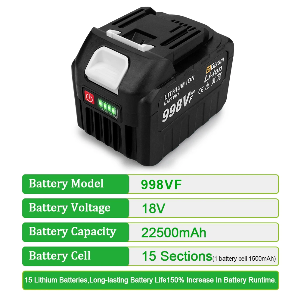 18V Rechargeable Battery 22500mAh 15000mAh Lithium Ion Battery With Battery indicator For Makita Electric Power Tools Battery