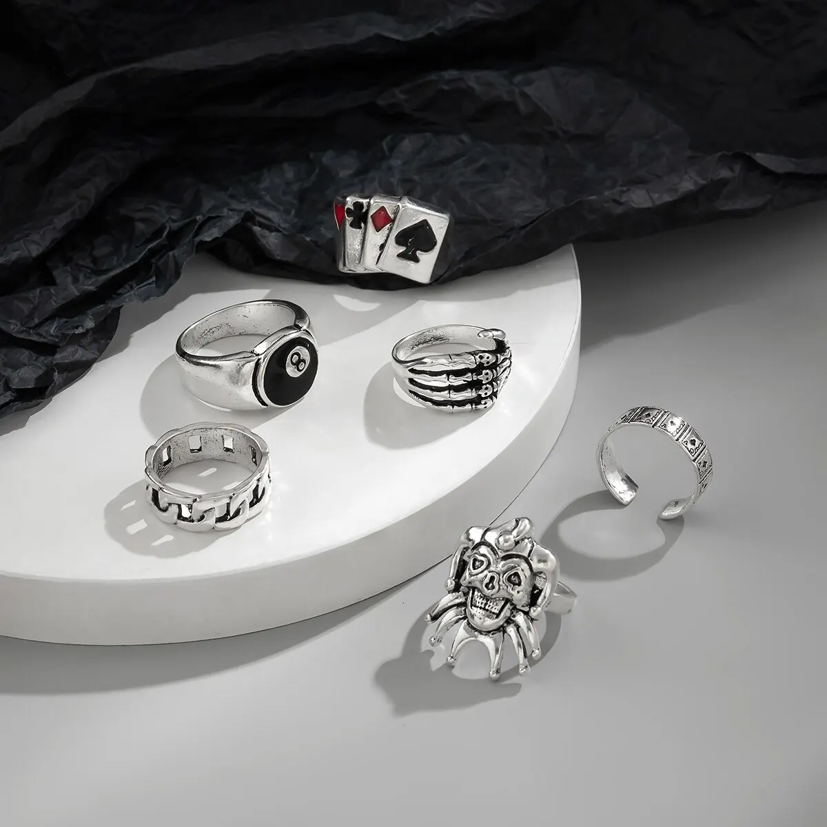 Punk Rings Hip Hop Vintage Skull Ghost Claw Poker Clown Ring Set for Women Hollow Geometric Size 8 Jewelry Steampunk Men