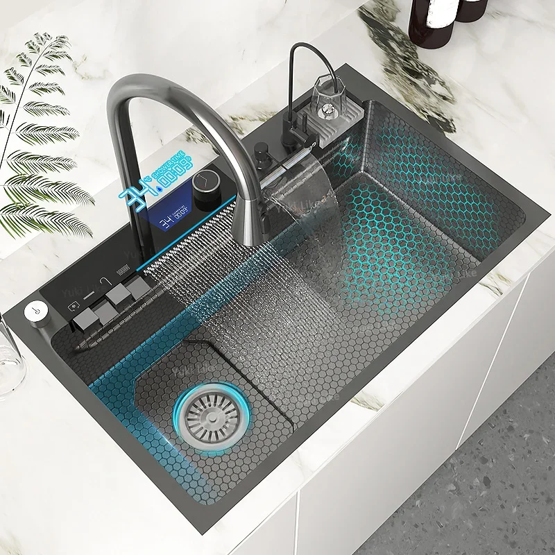 

Waterfall Kitchen Sink Stainless Steel Large Single Slot Integrated Digital Display Faucet Set Soap Dispenser Cup Washer