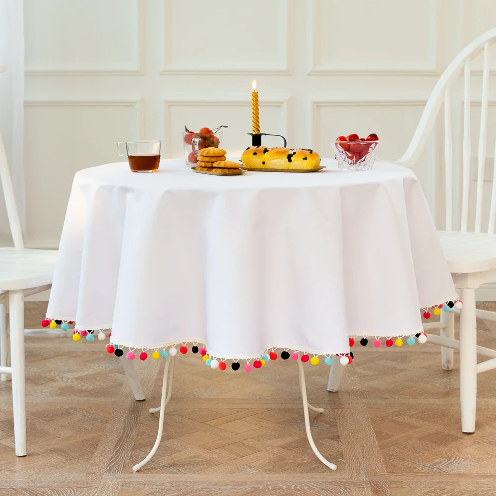 New Hot Sale Cotton And Linen Round Tablecloth Solid Color Lace Tassel Tablecloth Cover Cloth