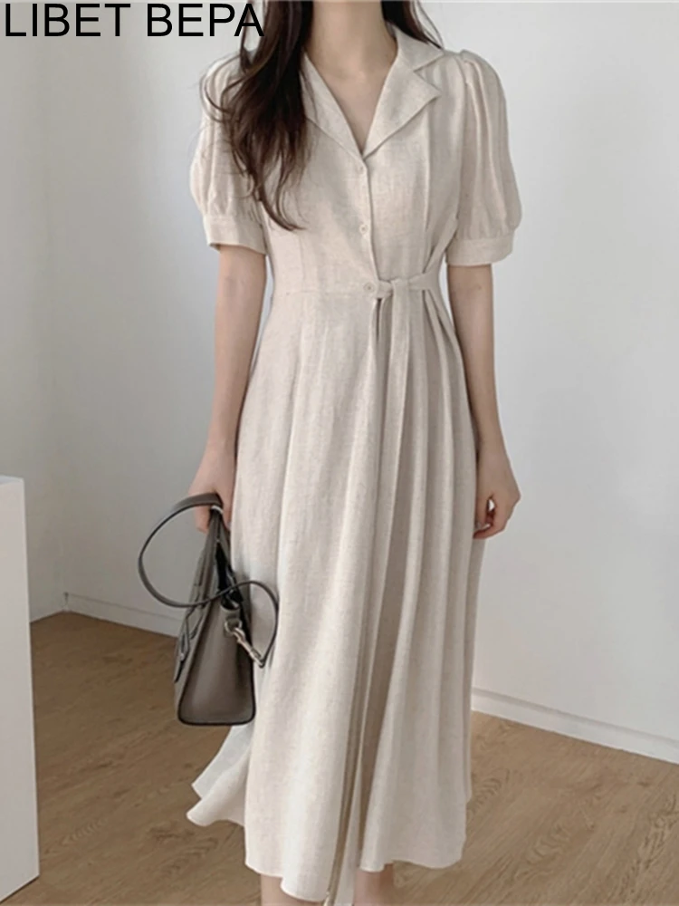 

2022 New Women's Summer Shirt Dresses High Waist Vintage Puff Sleeve Lace Up Elegant Cotton and Linen Draped Long Dress DR2109