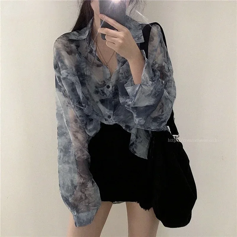 

Summer Tie-dyed Chiffon Shirt Loose Long-sleeved Thin Blouse Women Shirts Tops Mujer Casual Streetwear Draping See-through Top