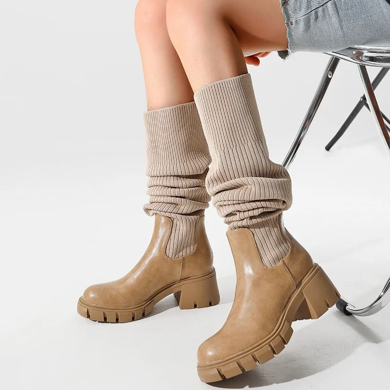 2022 NEW Women's British Style Thick-heeled Thick-soled Boots Woolen Mouth Elastic Over-the-knee Women's Boots Thigh High Boots
