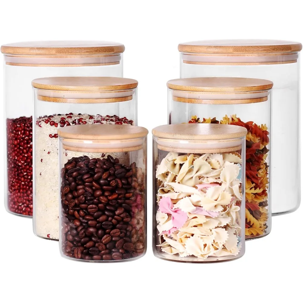 Glass flour Jars with Airtight Lids, 6 Pack Sugar and Flour Salt Containers Set, Extra Large Glass Rice Jar with Bamboo lid for