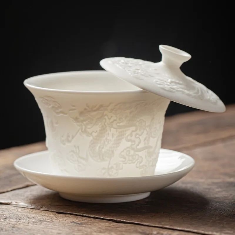 

relief sculpture Dragon and Phoenix Sancai Covered Bowl 160ml Kung Fu Tea Brewer Large Tea Cup Zen Tea Ware