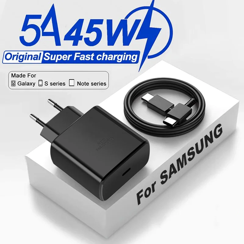 Оригинальное высокоскоростное зарядное устройство PD 45 Вт для Samsung Galaxy S23 Ultra S22 S21 S20 Note10 Plus, быстрое зарядное устройство USB C, зарядное устройство с кабелем типа C