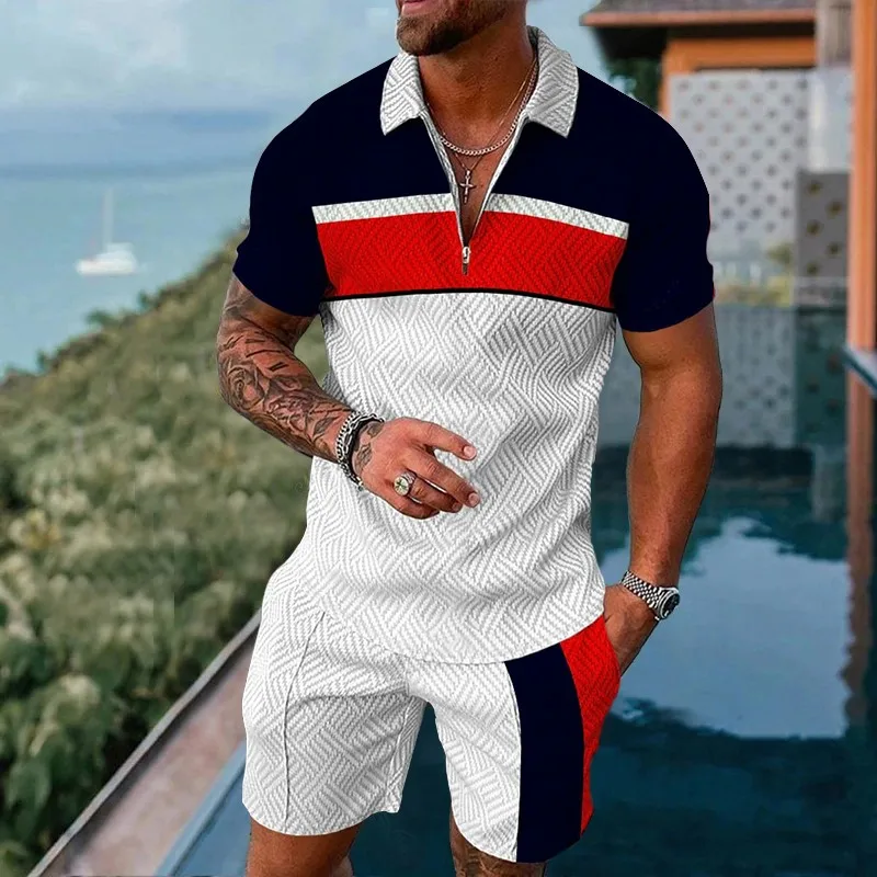 

Men's Polo Shirt Tracksuit 2 Piece Set Summer 3D Print Zipper Polo Short Sleeve Shorts Outfit Fashion Sportswear Clothes Sets