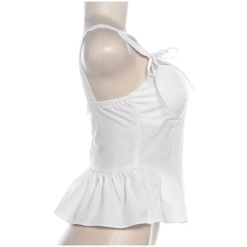 Sweet Solid Bow Lace Up Strap Tops Women Sleeveless Backless Ruffles Zipped Slim Vest Summer New Fashion Lady Tank