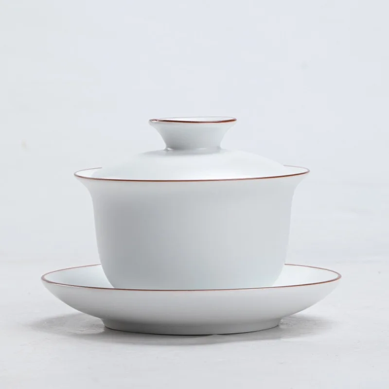 Matte Finish Fat White Gaiwan Ceramic Teacup with Hollow Base Chinese Kungfu Tea Making Cup Water Chestnut Cover Bowl