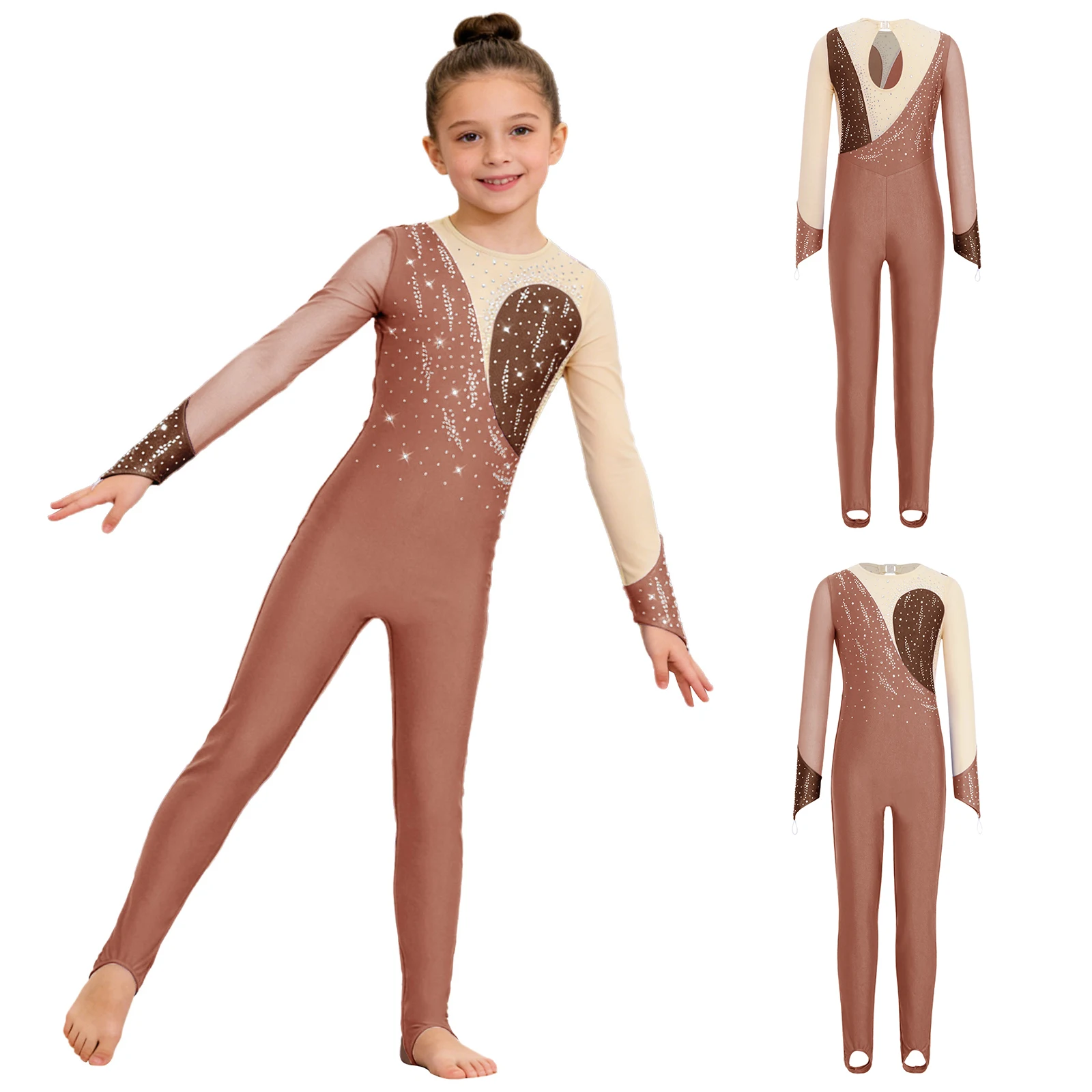 Kinder Mädchen Glänzende Strasssteine Gymnastik Overall Langarm Ballett Tanz Trikot für Eiskunstlauf Akrobatik Yoga Leistung – Detail 23