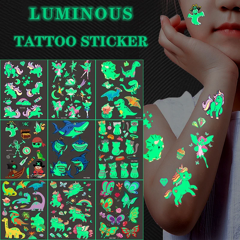 Lichtgevende Tattoo 5 10 Stks/set Tijdelijke Tattoos Mermaid Licorne Kinderen Stickers Voor Kids Pokemon Tattoo Tattoo Voor Kinderen Eenhoorn