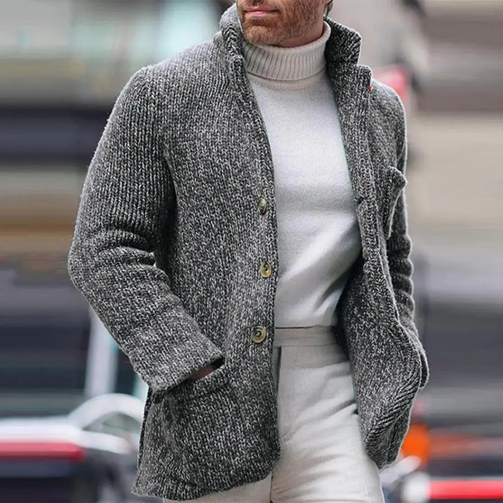 

Men Vintage Stand Collar Sweater Jacket Casual Single Breasted Stand Collar Long Sleeve Pockets Slim Sweater Coat