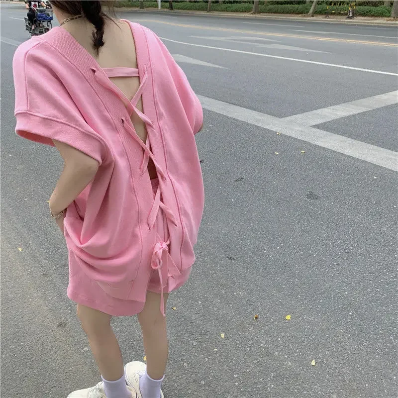 DAYIFUN-Pink Matching Sets for Women V-neck Top and Shorts Back Strap Loose Design Feel Suits Summer Clothing New 2024 2 Pcs Set