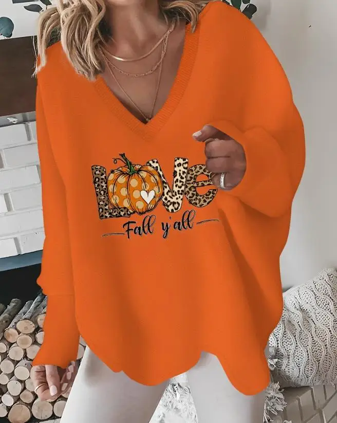

Women's T-Shirt Halloween European & American Fashion Long Sleeve Tee Leopard Polka Dot Pumpkin Love Letter Print V-Neck Top
