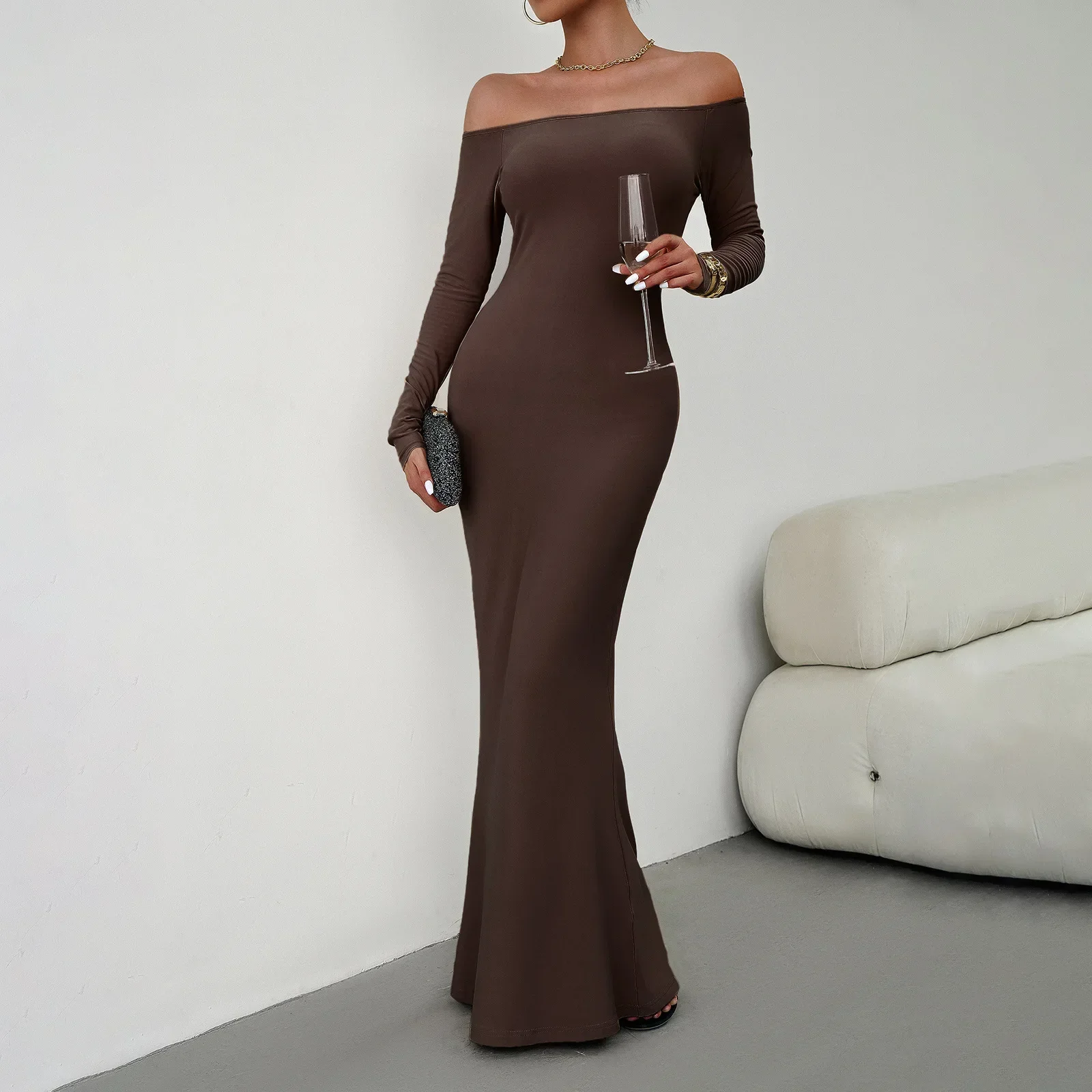 

Solid Autumn Dress for Women Slash Neck Long-sleeved Sexy Dress Elegant Party Evening Dress Slim Long Dresses Casual Bodycone