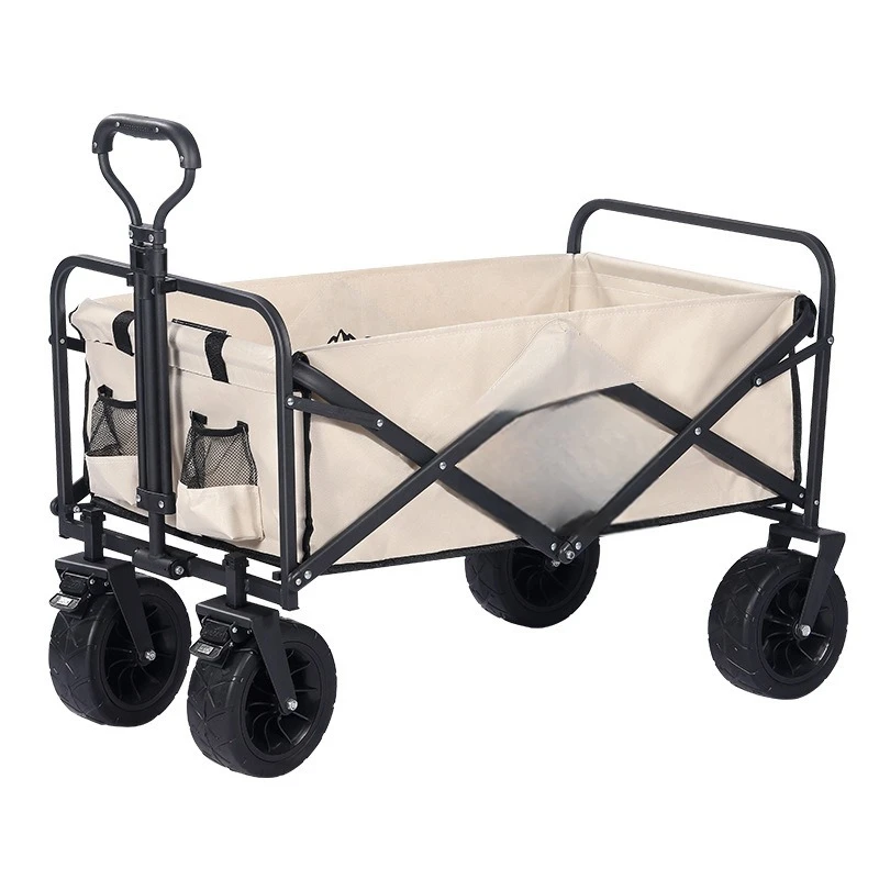 Collapsible Folding Wagon Cart with Big All-Terrain Wheels, Heavy Duty Foldable Beach Cart with Brakes, Utility Grocery
