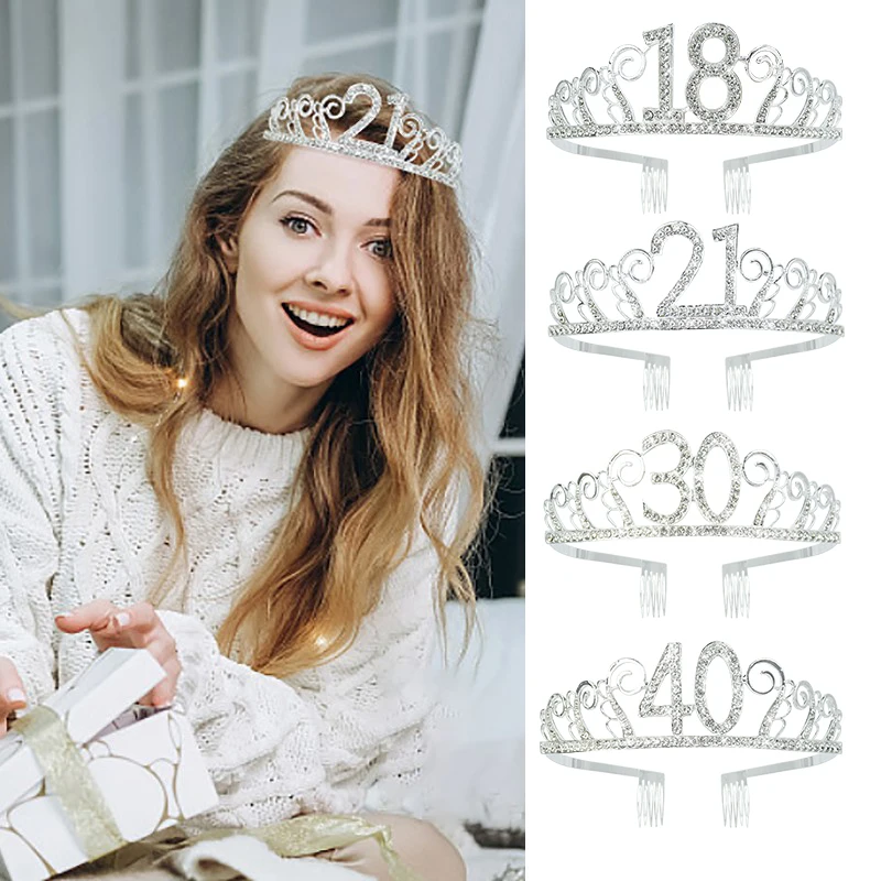 

Birthday Party Decoration 18 21 30 40 50 Silver Crystal Crown Headwear Kids Adult Happy Birthday Wedding Anniversary Supplies