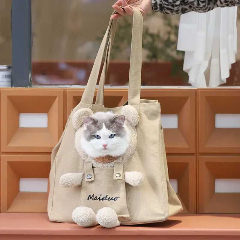 Pet Backpack Shoulder Bag Cute Teddy Bear Canvas Outdoor Cat Bag with Exposed Cat Portable Small Dog