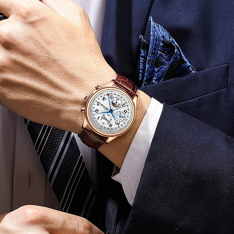 AILANG New Business Mens Mechanical Watches Top Brand Luxury Leather Waterproof Week Calendar Moon Phase Automatic Watch for Men