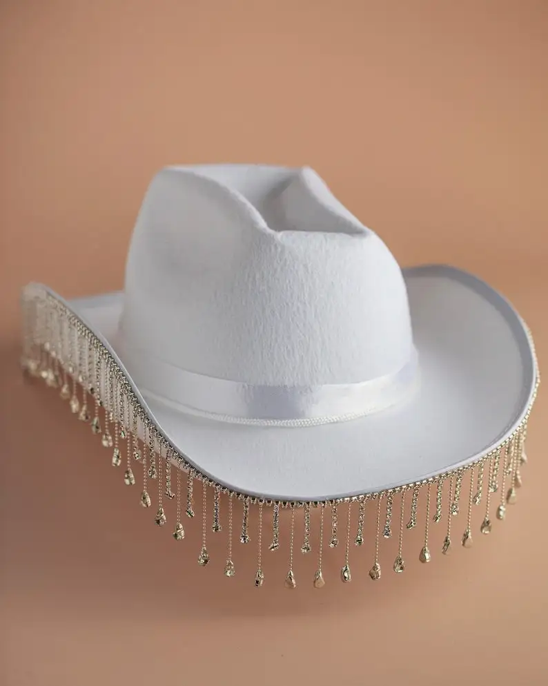 

White Diamond Fringe Bride Cowgirl Hat Bride Hats Mrs. Cowboy Hat Bridesmaid Gift Bridal Summer Country Western Hat