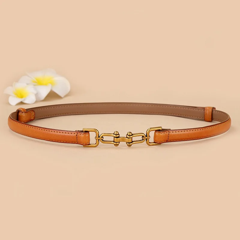 

Fashion Alloy Women Belt Solid Color Genuine Leather 1.5cm Thin Waistbands for Dress Jean Buckle Design Ladies Office Suit Belt