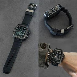 Rugged Waterproof Metal Case with Strap and HD Glass for Smartwatch Protection (Black Black)