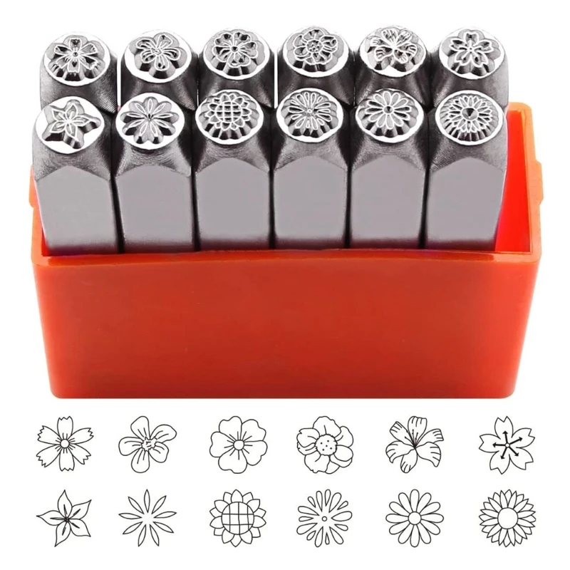 Metal Stamping Tool 12Pcs Metal Flower Set for Imprinting Metal Leather 1/8&rdquo; 1/4'' (3mm 6mm) Stamping Tool Set for DIY Craft