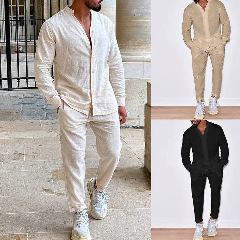 

Fashion Men's Casual Sports Suit Cotton Linen Breathable Male Solid Color V-neck Long-sleeved Shirt Trousers Two-piece Set