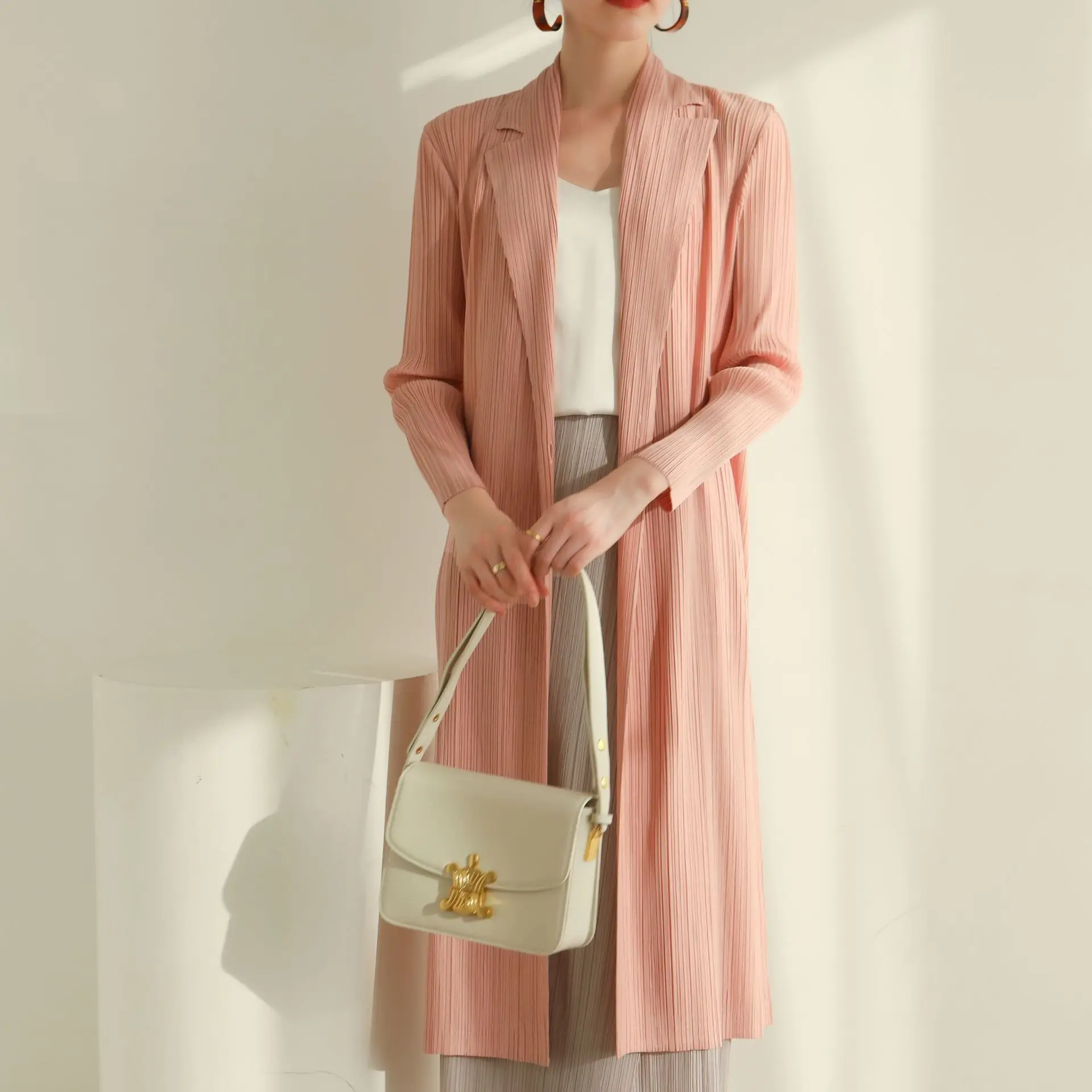 

ALSEY Miyake Japanese Casual Simple Slim Long Suit Collar Trench Coat Women Autumn Spring New Pleated Fashion Solid Color Jacket