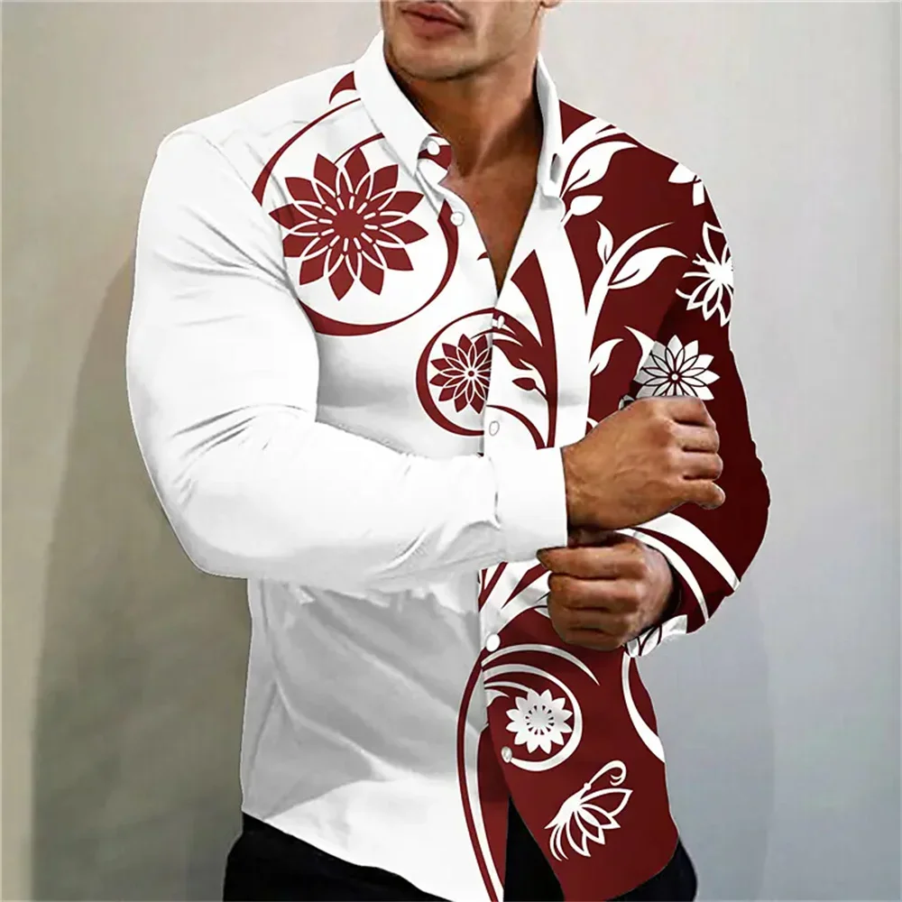 

Men's High Quality Luxury Prom Fashion Social Flower Print Polo Single Breasted Costume Designer Men's Casual Long Sleeve Shirts