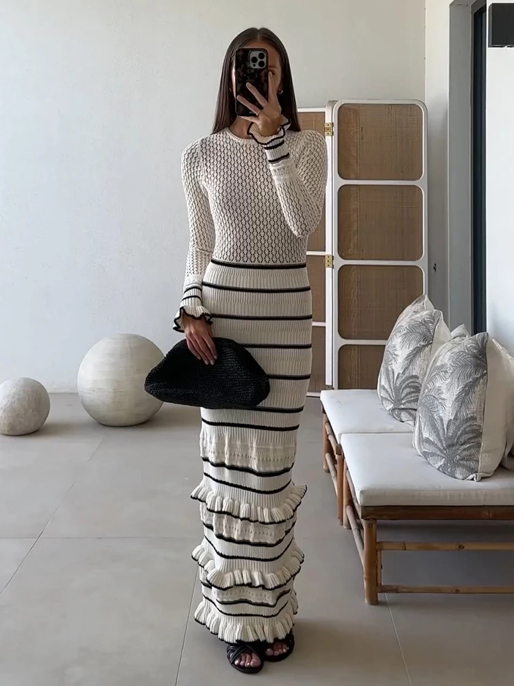 TARUXY Fashion Ruffled Bodycon Long Knitted Dress Women's Autumn Winter Contrast Color  Patchwork Elegant Retro Dress Knitwear