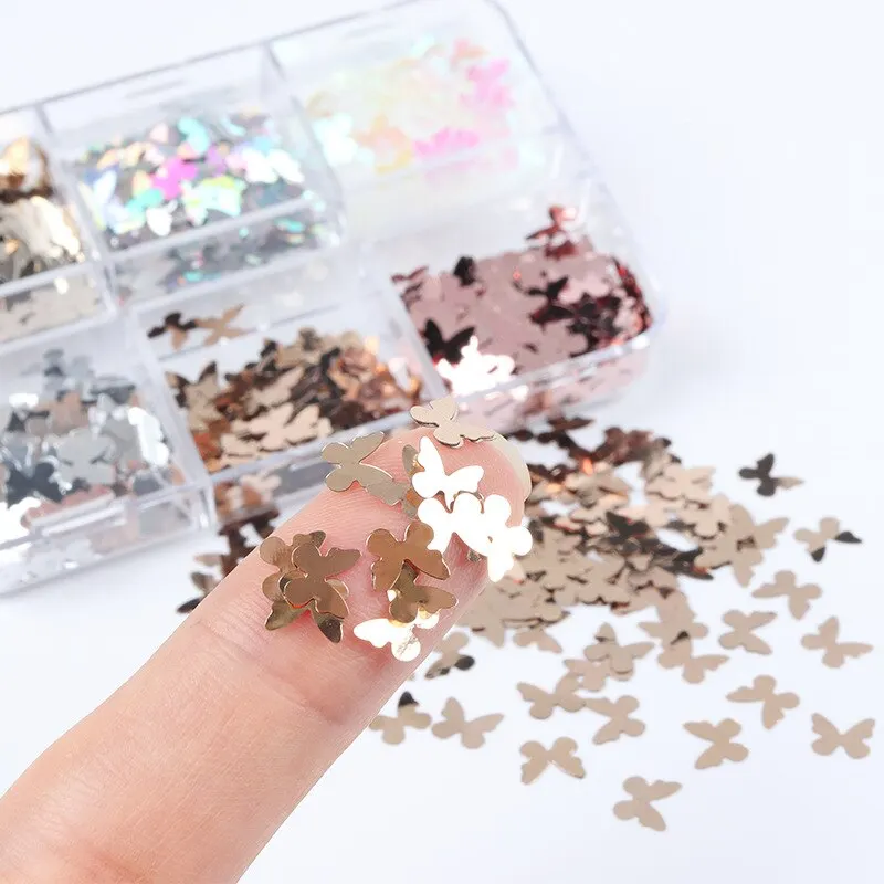 Nail Art Decoration 6 Grids Mixed Nail Art Glitter Snow Butterfly Shiny Fake Nail Decoration Professional Accessories Tool Valentine's Day Christmas