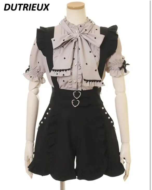 Japanese Style New Black Suspender Skirt Lolita Lace-up Heart Buckle Ruffled Suspender Shorts Culottes Summer New Short Pants