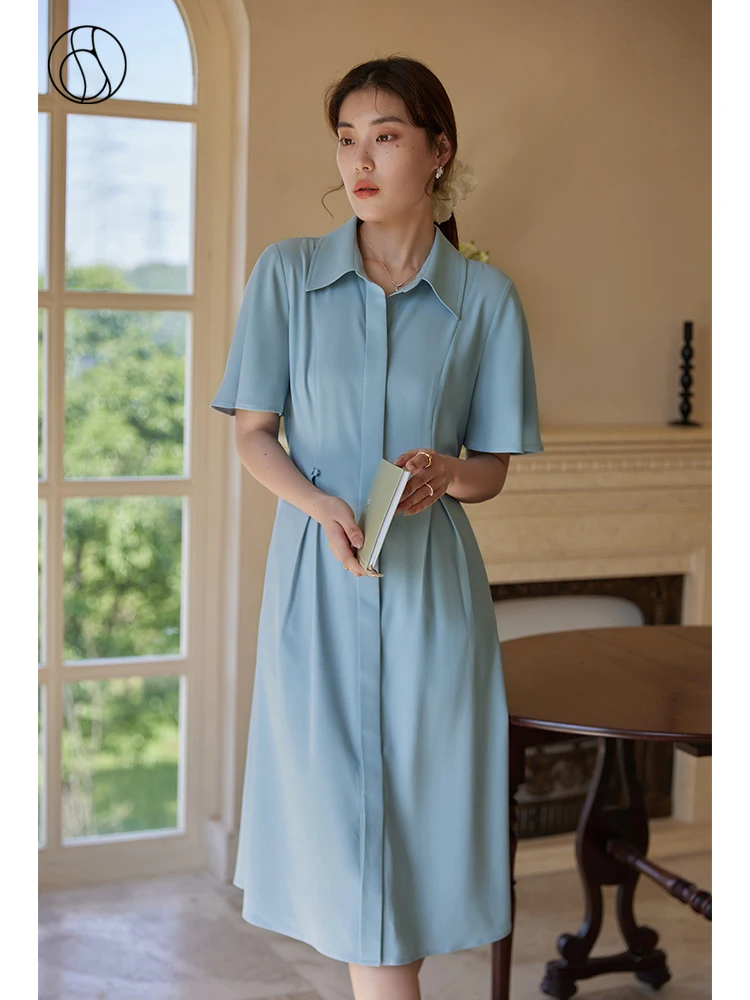 

DUSHU Satin Acetate French Elegant Shirt Dress High Waist Summer Thin Knee-Length Short Sleeve Dress Commuter Solid A-LINE Skirt