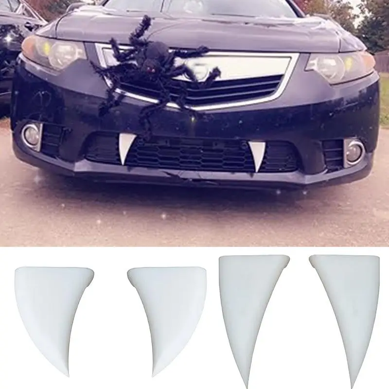 Car Teeth Halloween 2X 3D Vampire Fangs White Devil Horns Bumper Decor