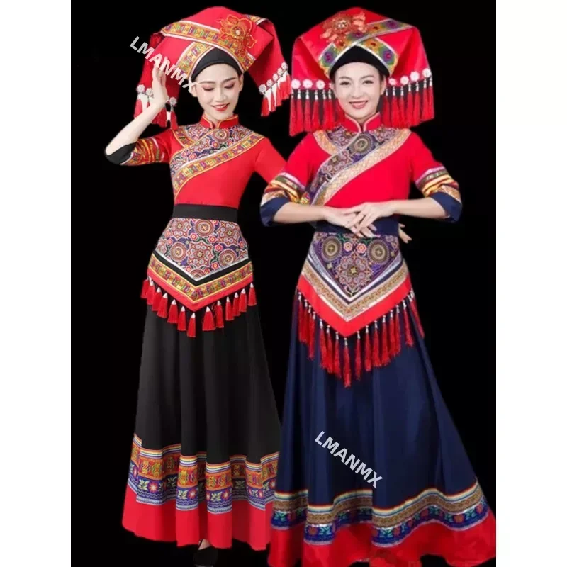 

2023 Chinese Traditional Ethnic Minorities Style Costume Set Female Zhuang Zu Costume Skirt Dance Performance Costume Set