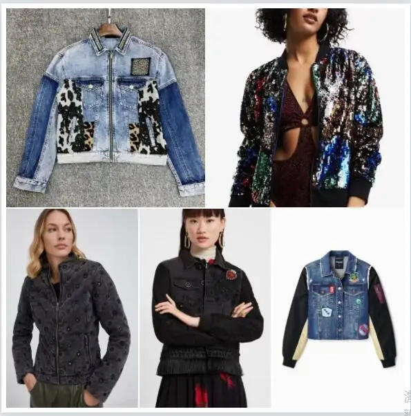 

Foreign trade Spain women's denim jacket heavy industry embroidery printing stitching sleeves personality short coat