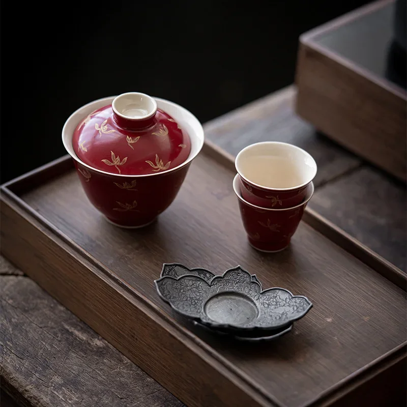 Lang Hong Gilded Gaiwan Chinese Style Red Autumn Orchid Gilded Decal Cover Bowl Kungfu Small Tea Making Bowl