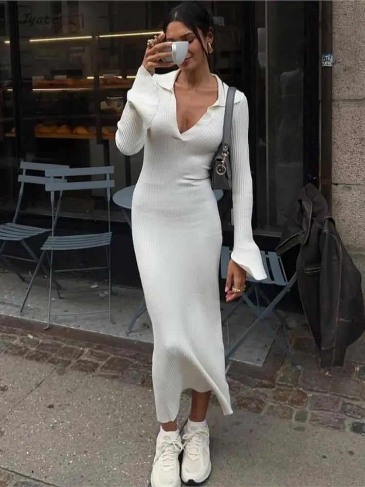 

Fashion V Neck Sweater Long Dress For Women Winter Knit Vestidos Flare Long Sleeve Slim Elastic High Waits Knitwear Robes 2023