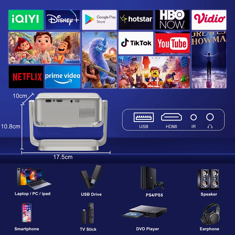 Salange 720P Android Mini Projector Portable Adjustable Projection Angle Auto Keystone 4K Video Supported BT 5.0 350 Ansi Lumens