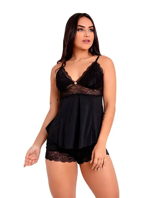 Pijama Short Doll Baby Doll IMI Lingerie Microfibra E Renda Hope