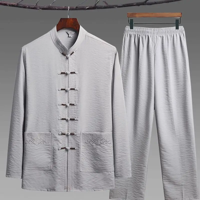 Men Hand Button Tang Suit Shirt & Pants Cotton Linen Vintage