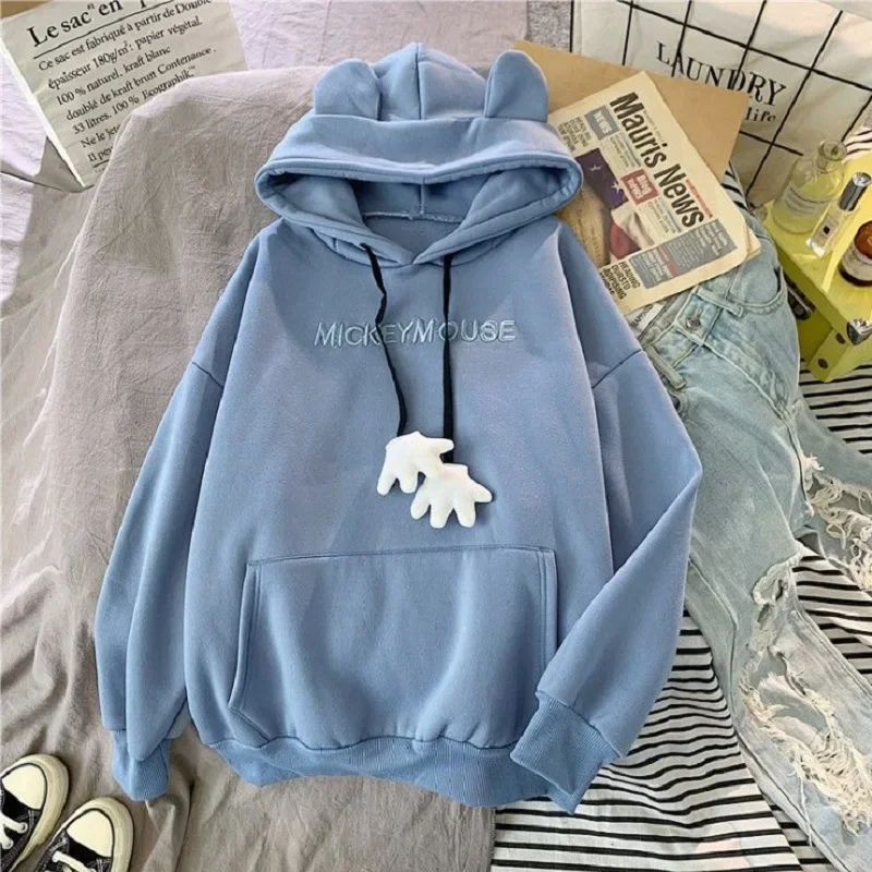 Women Solid Color Casual Loose Winter Hoodies Tops 2023 Animal Ear Street Style Sweatshirt Female College Plush Pullover Autumn