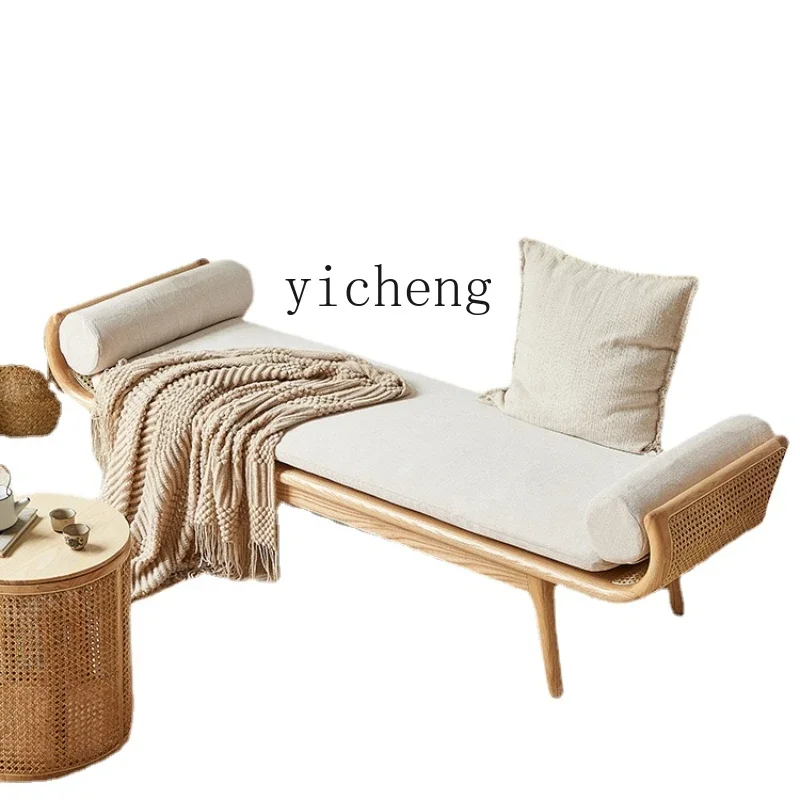 

XL Solid Wood Bench Sofa Rattan Soft Bag Armrest Sofa Double Bed End Stool