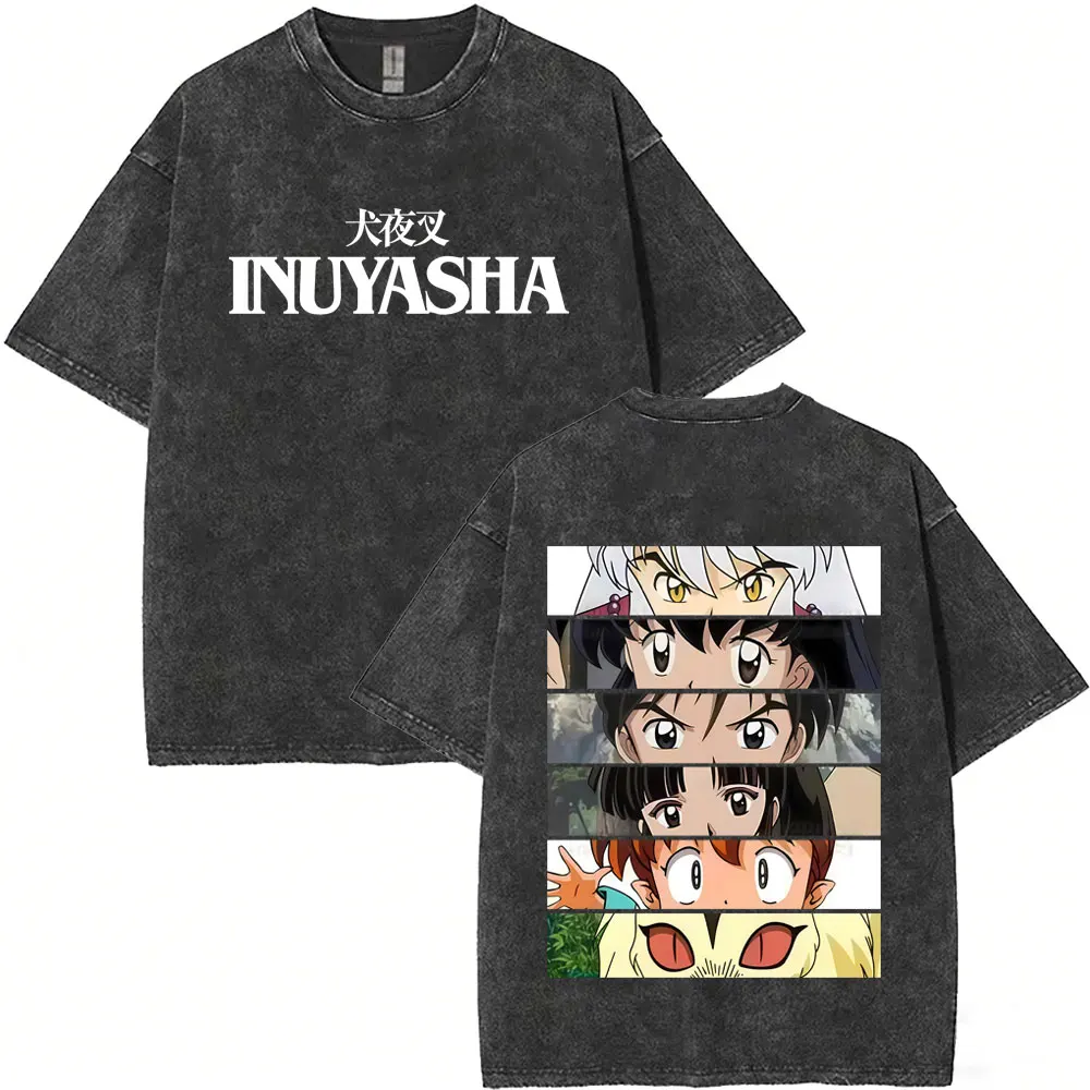 Gewaschenes Vintage Anime Inuyasha Kagome Miroku Sango Shippo Kirara Augen-Print T-Shirt für Männer und Frauen Cartoon Lässiges Oversize T-Shirt