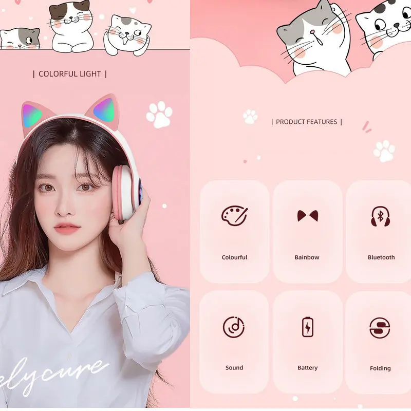 Cat Ears Headphones Flash Light Wireless With MIC Control LED Kid Girl Stereo Cute Music Helmet Bluetooth Phone Headset Earphone 2
