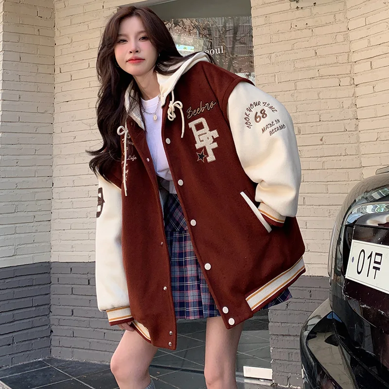 Retro Baseball Jacket Female Cotton Padded Thickened Autumn and Winter Student Hooded Hooded Jacket Cotton-Padded Coat