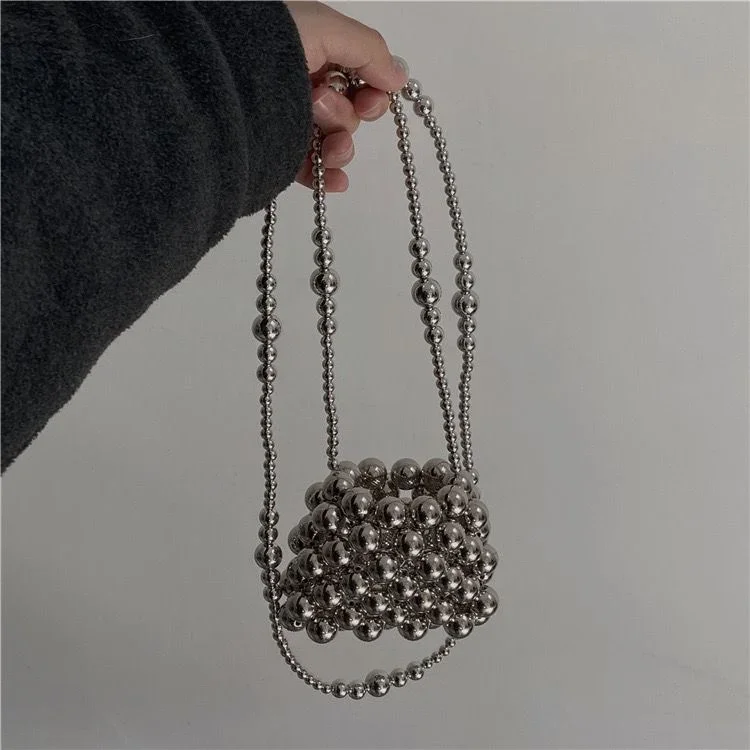

DIY Premium Metal Silver Crossbody Bag Beaded Bag Handheld One Shoulder Mini Cute Small Bag Pearl Chain Bag