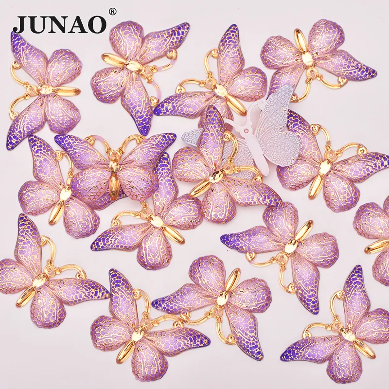 JUNAO 10Pcs 25*38mm Large Sewing Purple Butterfly Resin Rhinestone Applique Flatback Crystal Stone For Garment Decoration